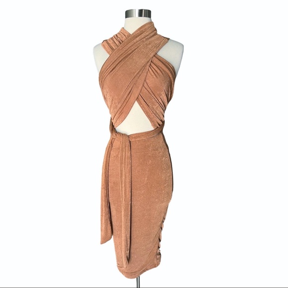 JLUXLABEL Elizabeth Pecan Brown Multi Midi Dress S - Picture 3 of 6